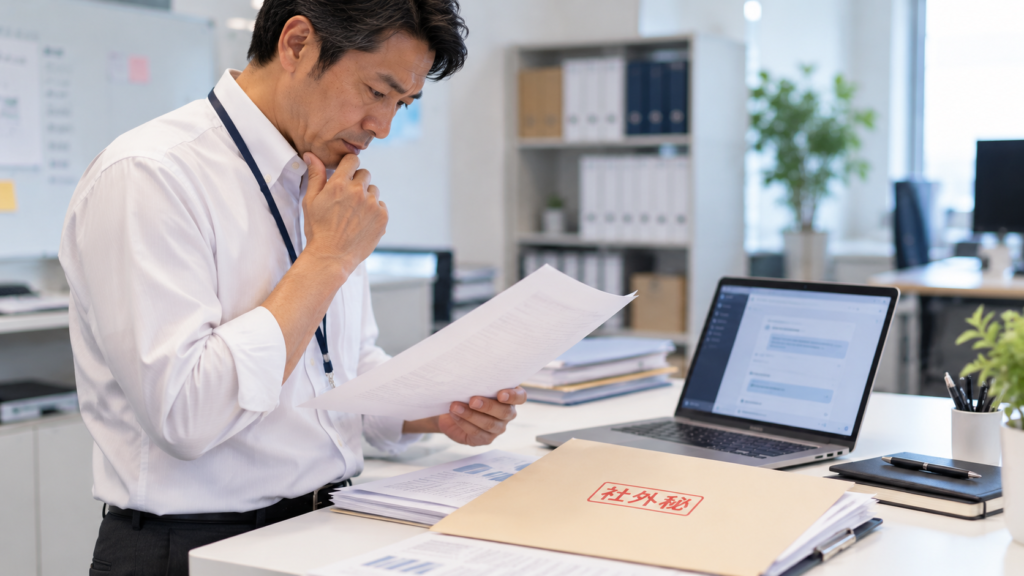 生成AIを使用する前に社内の機密資料を確認する男性社員