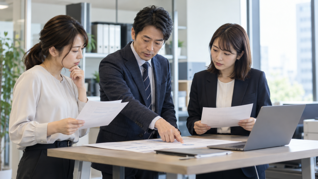 個人情報の匿名化について資料を確認する社員たち