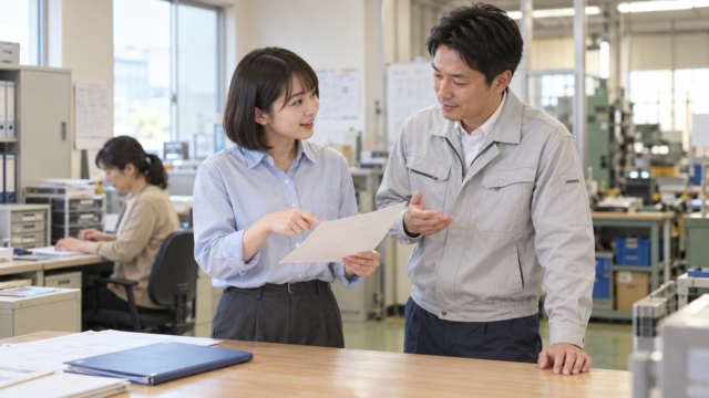 資料を手に先輩社員へ質問する若手女性社員と、説明する男性社員