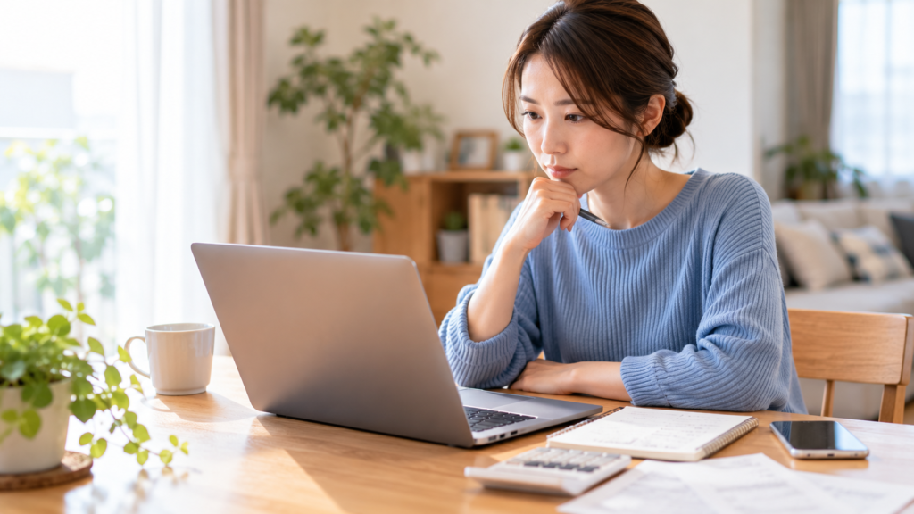 自宅で生成AIを利用し個人情報の取り扱いに注意する女性