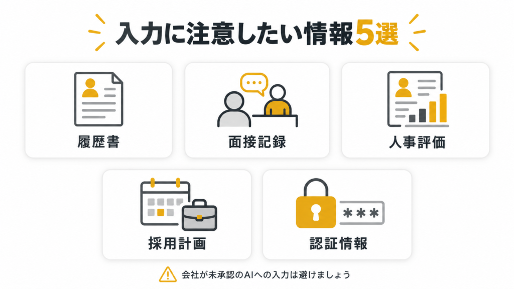 履歴書、面接記録、人事評価、採用計画、認証情報の5種類を示した図解