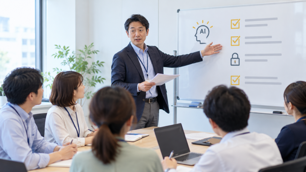 社内研修で生成AIの利用ルールを説明し、社員が説明を聞いている様子